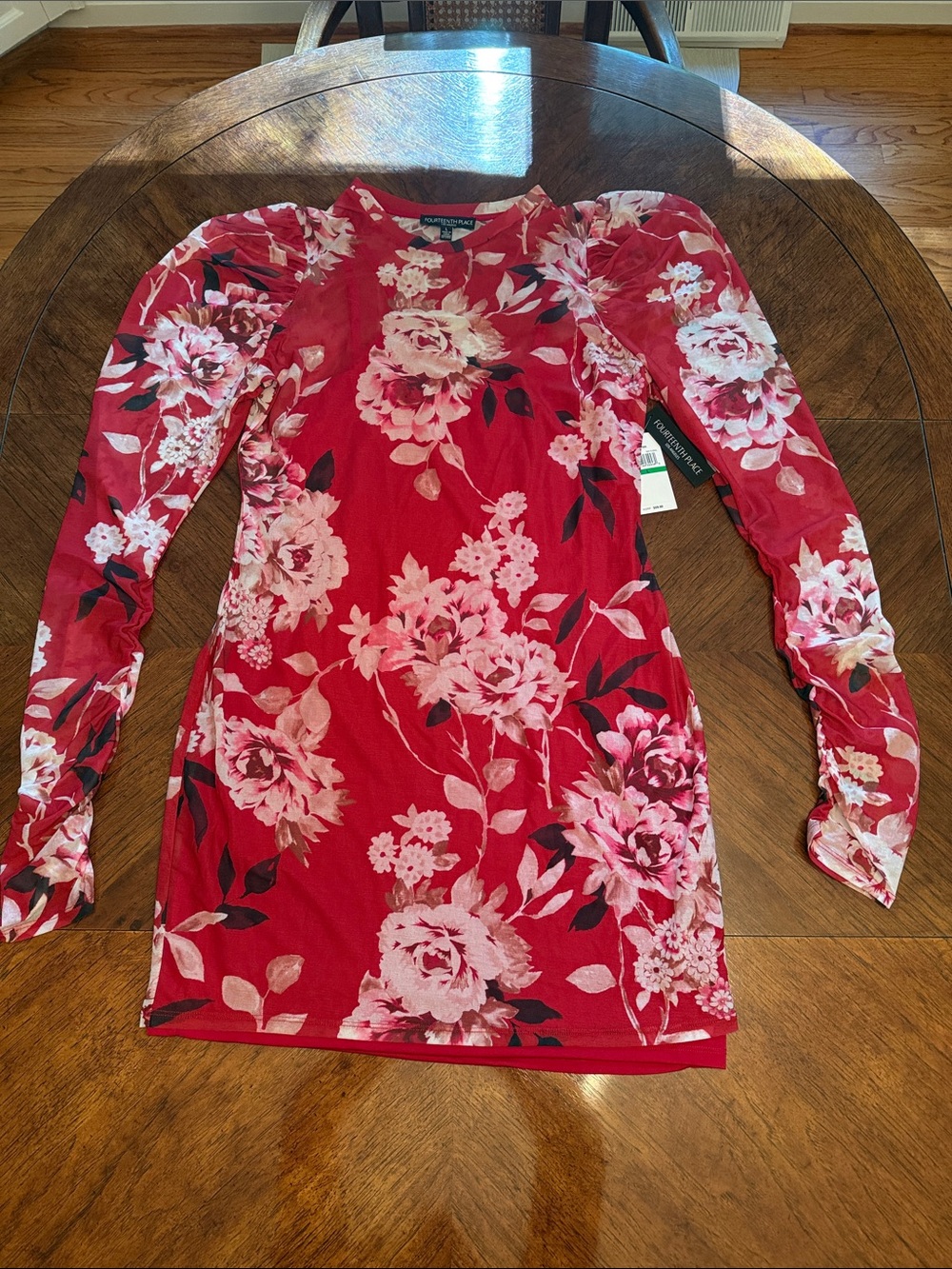 Red Floral Long-Sleeve Mini Dress - Picture 3 of 5